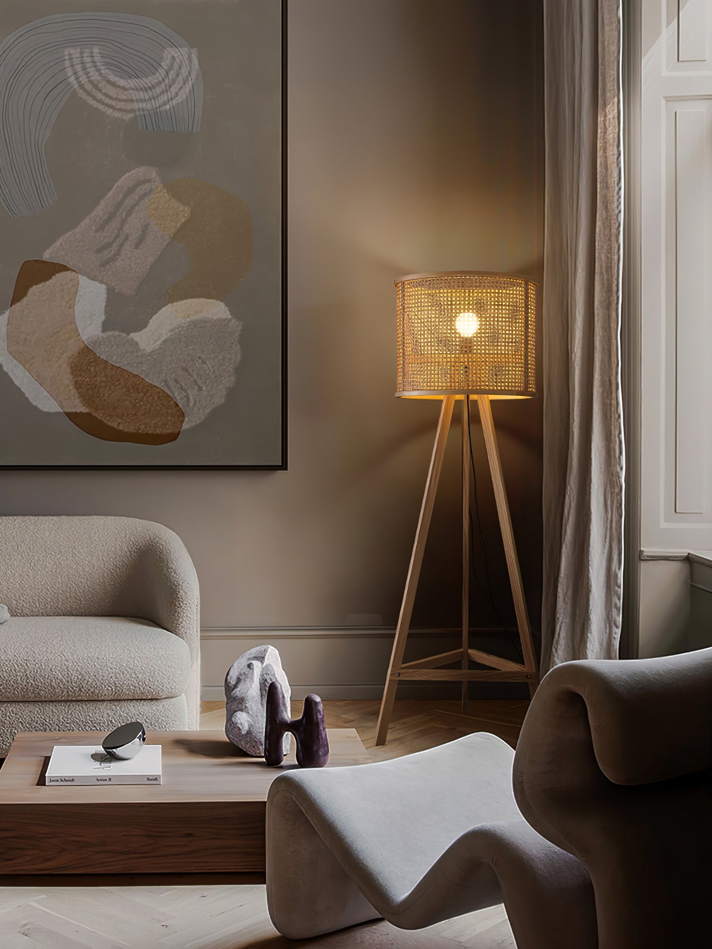 Tripod Wooden Rattan Floor Lamp for Cozy Indoor Lighting