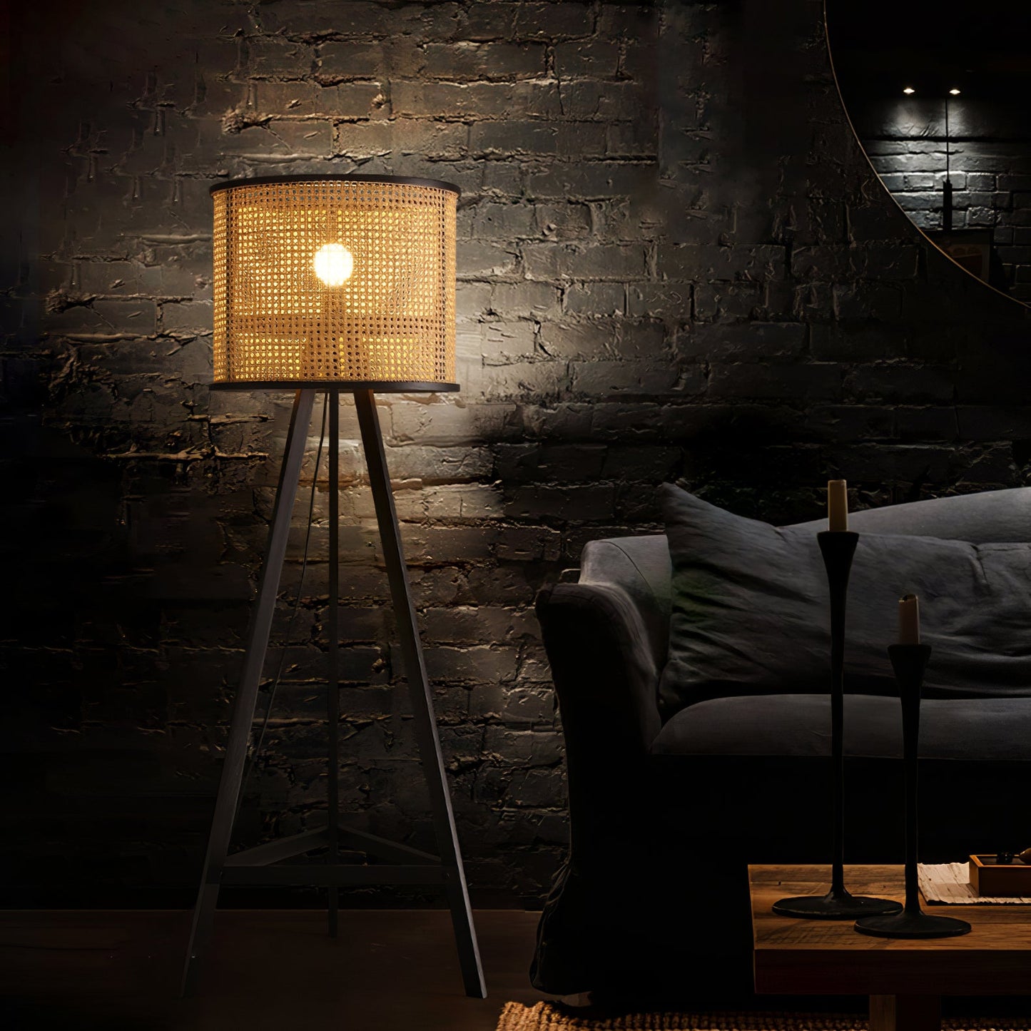 Tripod Wooden Rattan Floor Lamp for Cozy Indoor Lighting