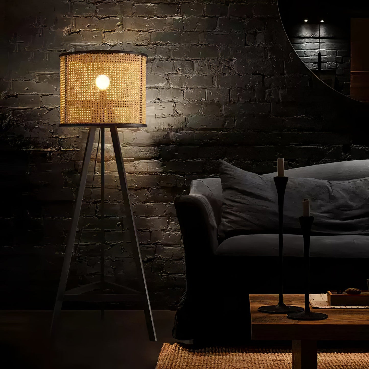Tripod Wooden Rattan Floor Lamp for Cozy Indoor Lighting