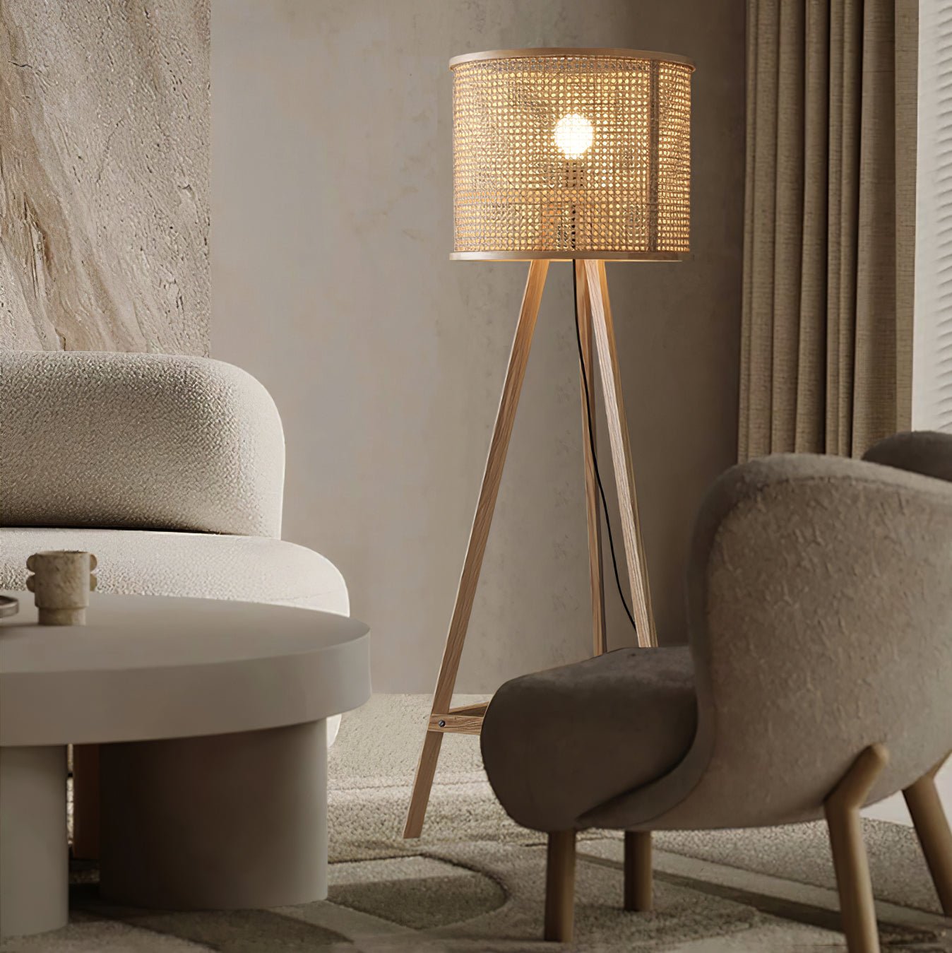 Tripod Wooden Rattan Floor Lamp for Cozy Indoor Lighting