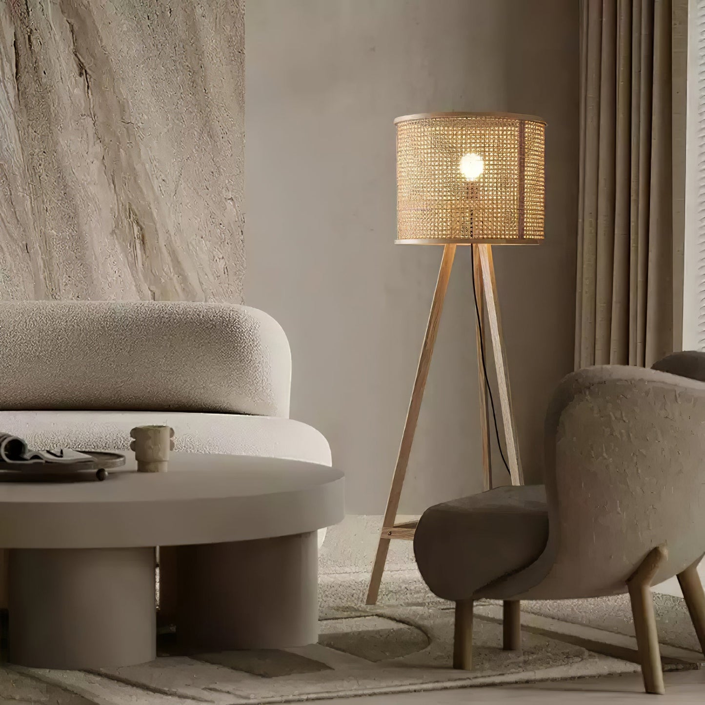 Tripod Wooden Rattan Floor Lamp for Cozy Indoor Lighting