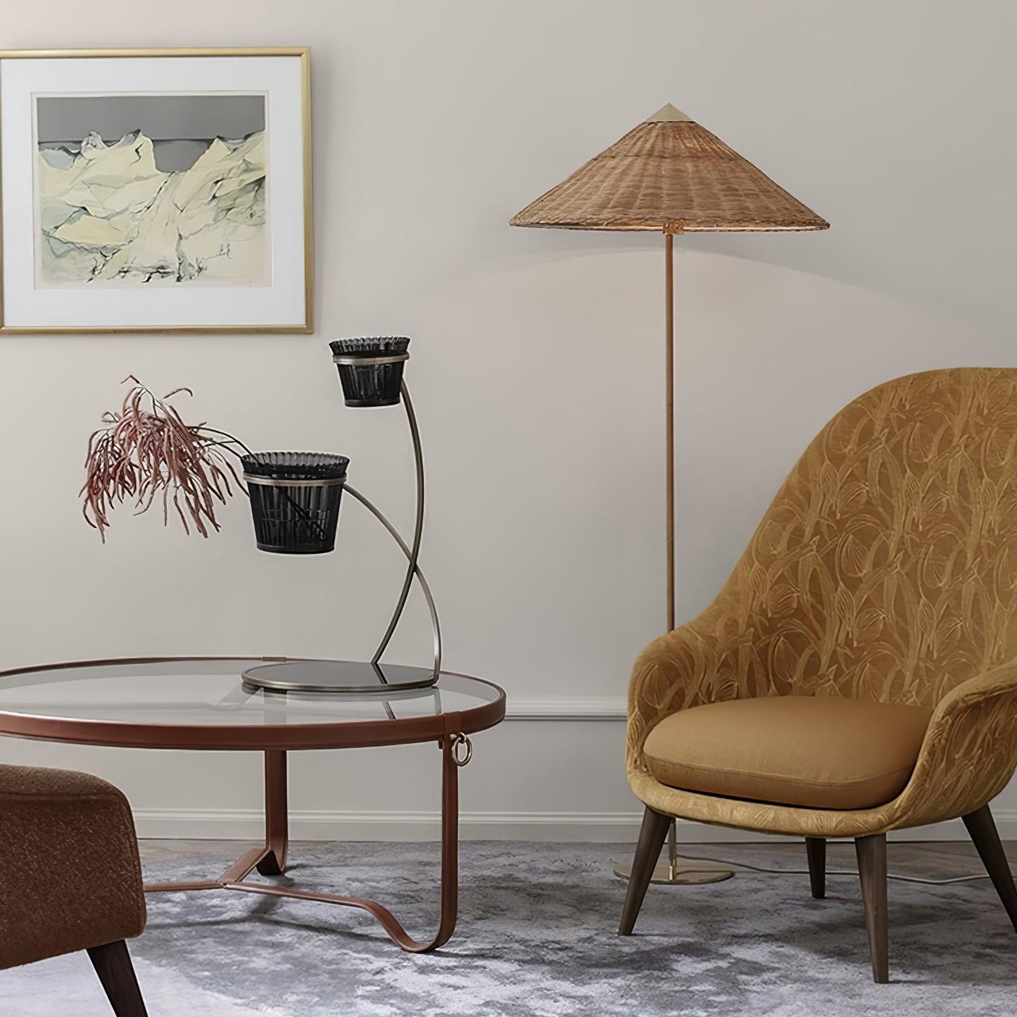 Tynell Floor Lamp with Rattan Shade and LED Bulb
