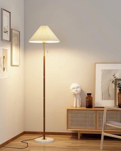 Vintage Pleated Floor Lamp with Marble Base and LED Light
