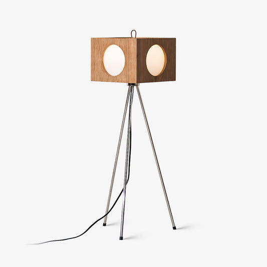 Vintage Tripod Camera Floor Lamp with LED Light, Cherry Wood