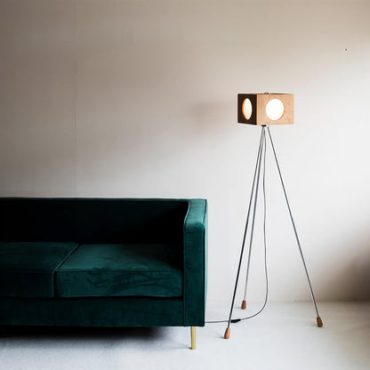 Vintage Tripod Camera Floor Lamp with LED Light, Cherry Wood