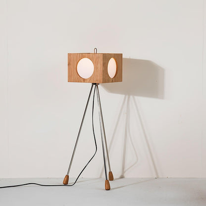 Vintage Tripod Camera Floor Lamp with LED Light, Cherry Wood