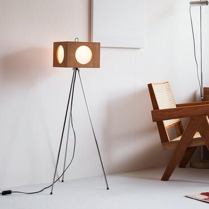 Vintage Tripod Camera Floor Lamp with LED Light, Cherry Wood