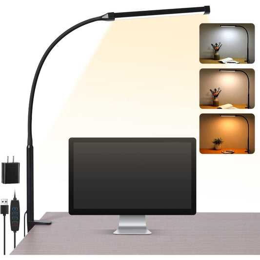 LED Desk Lamp with Eye-Caring Clip-On Lights for Home Office, 3 Modes 10 Brightness Levels, Flexible Goose Neck, Metal, Adjustable Architect Task Lamp with USB Adapter, White