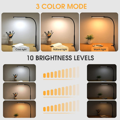 LED Desk Lamp with Eye-Caring Clip-On Lights for Home Office, 3 Modes 10 Brightness Levels, Flexible Goose Neck, Metal, Adjustable Architect Task Lamp with USB Adapter, White