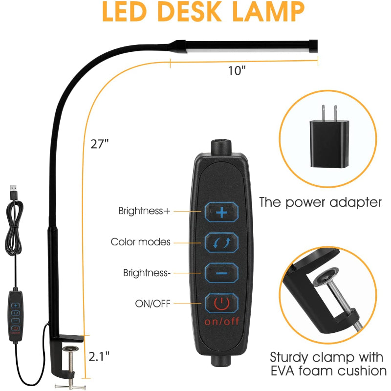 LED Desk Lamp with Eye-Caring Clip-On Lights for Home Office, 3 Modes 10 Brightness Levels, Flexible Goose Neck, Metal, Adjustable Architect Task Lamp with USB Adapter, White