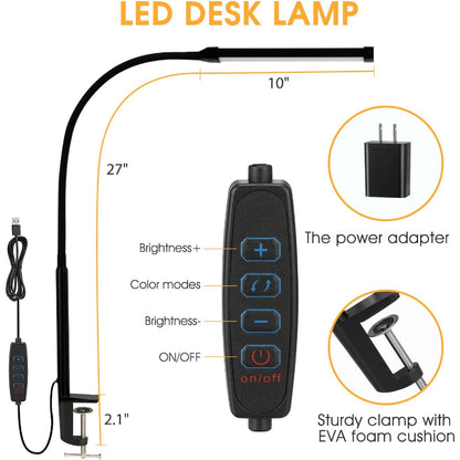 LED Desk Lamp with Eye-Caring Clip-On Lights for Home Office, 3 Modes 10 Brightness Levels, Flexible Goose Neck, Metal, Adjustable Architect Task Lamp with USB Adapter, White