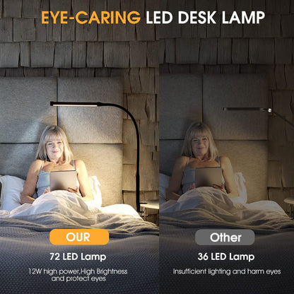 LED Desk Lamp with Eye-Caring Clip-On Lights for Home Office, 3 Modes 10 Brightness Levels, Flexible Goose Neck, Metal, Adjustable Architect Task Lamp with USB Adapter, White