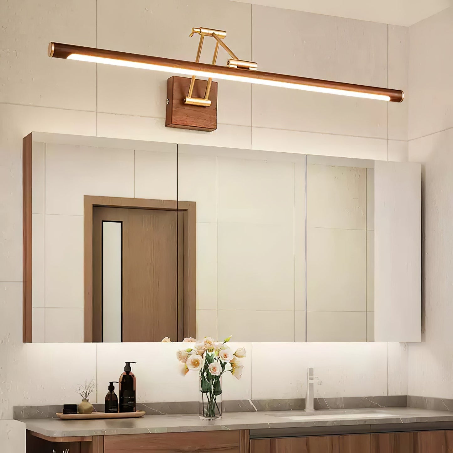 Walnut Color Linear Adjustable Wall Light with LED Illumination