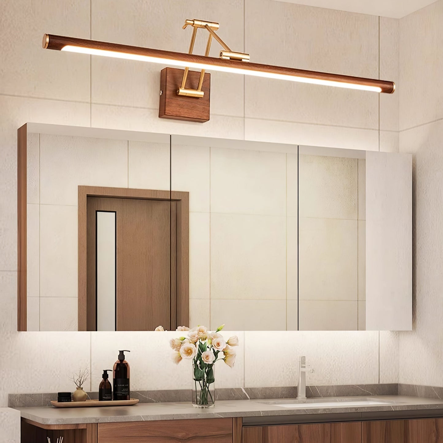 Walnut Color Linear Adjustable Wall Light with LED Illumination