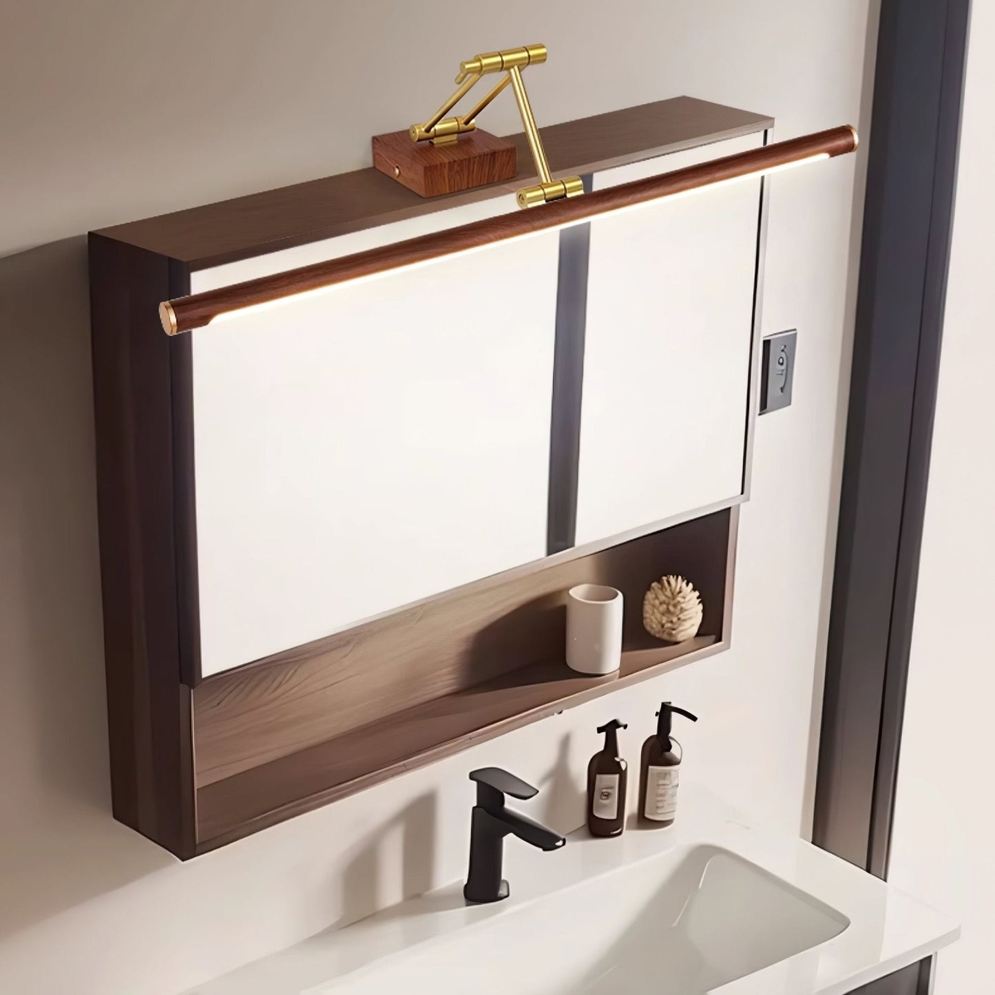 Walnut Color Linear Adjustable Wall Light with LED Illumination