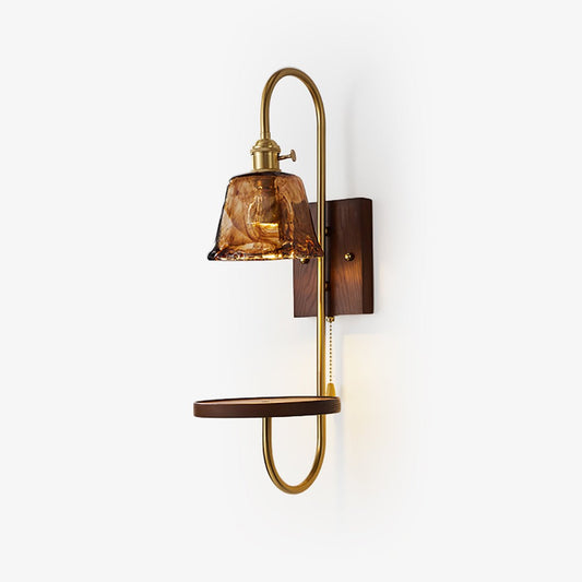 Walnut Shelf Sconce with LED Light and Brass Arm