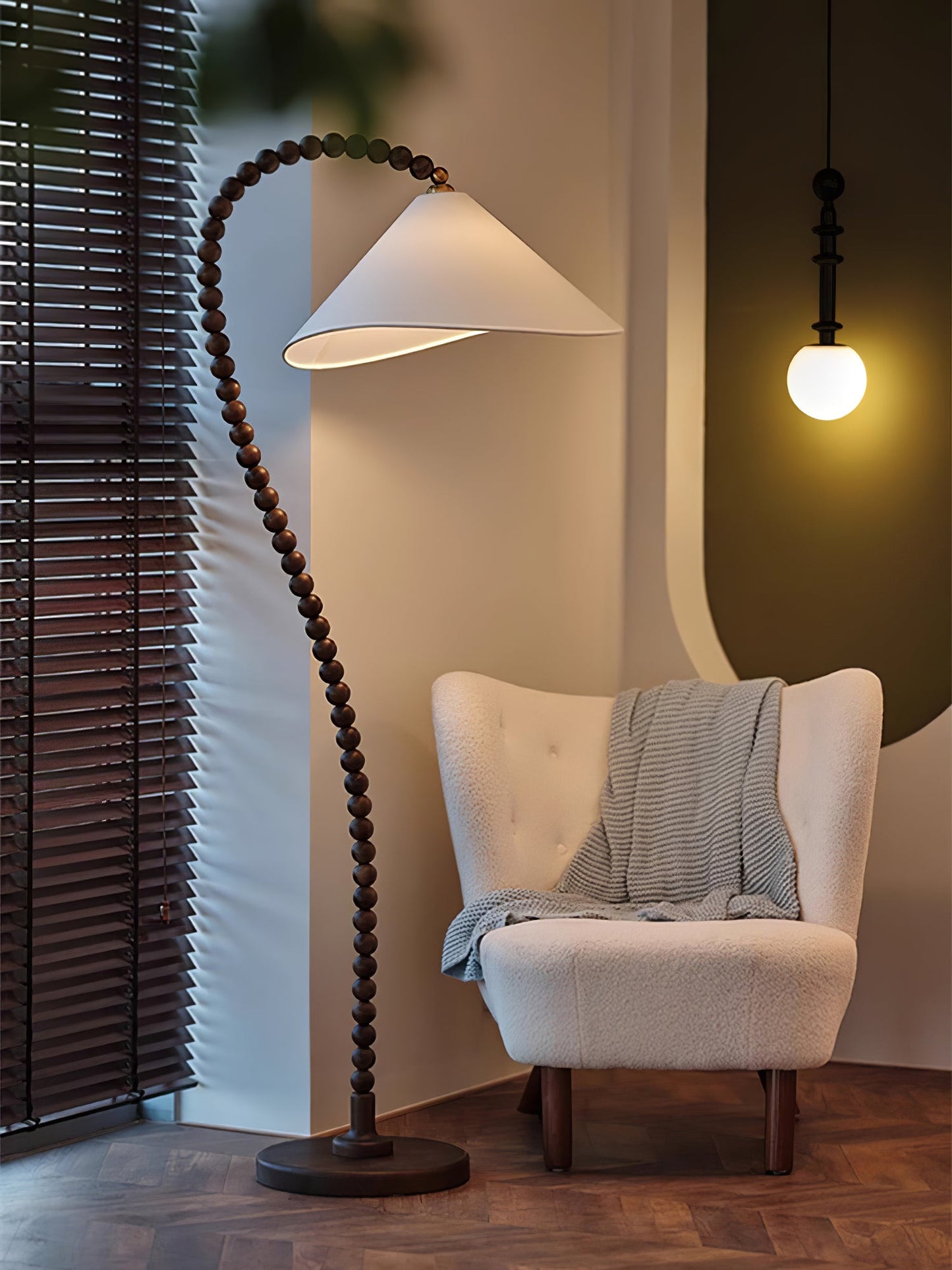 Wooden Bead Floor Lamp with LED Shade for Indoor Use