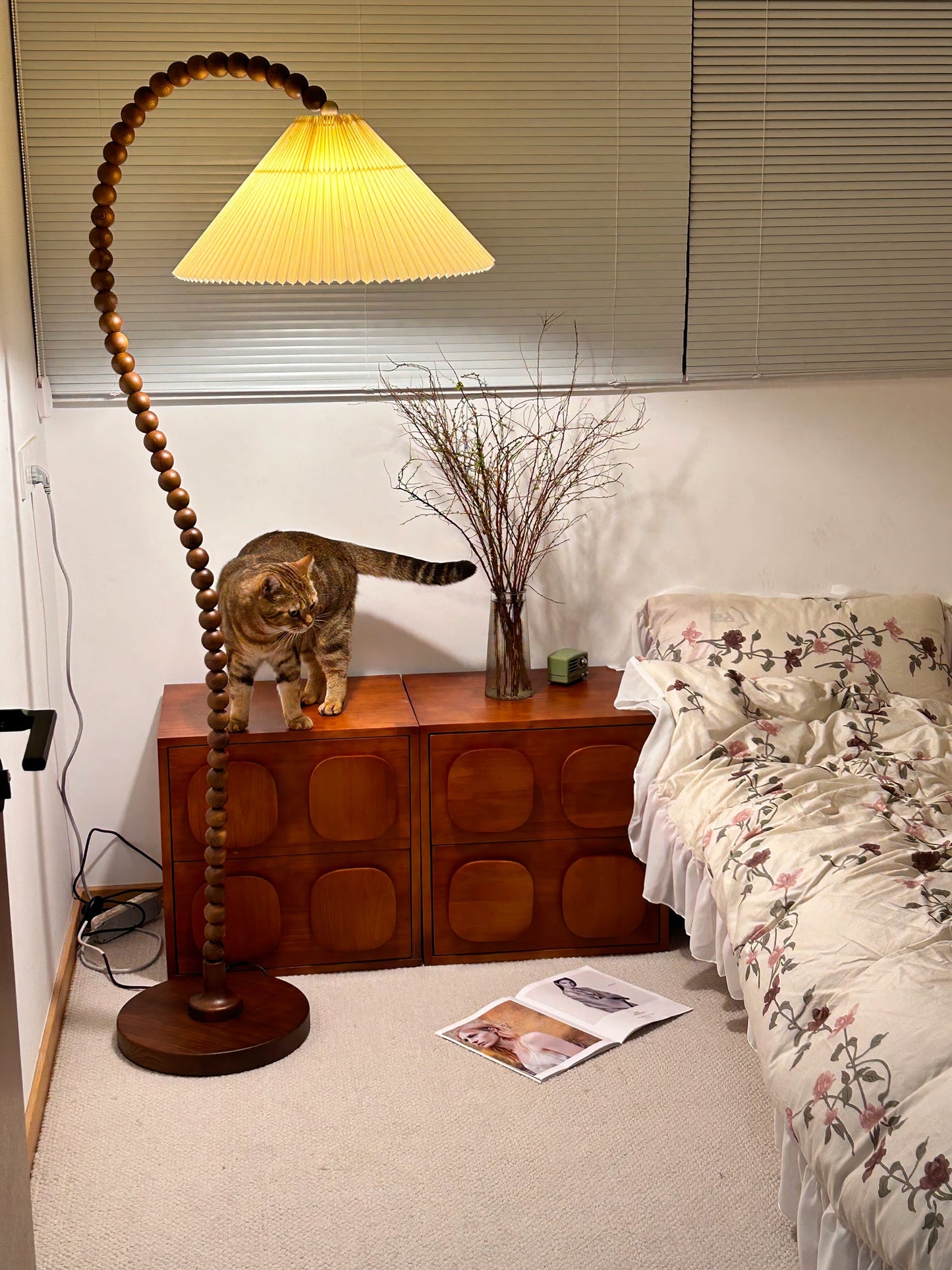 Wooden Bead Floor Lamp with LED Shade for Indoor Use
