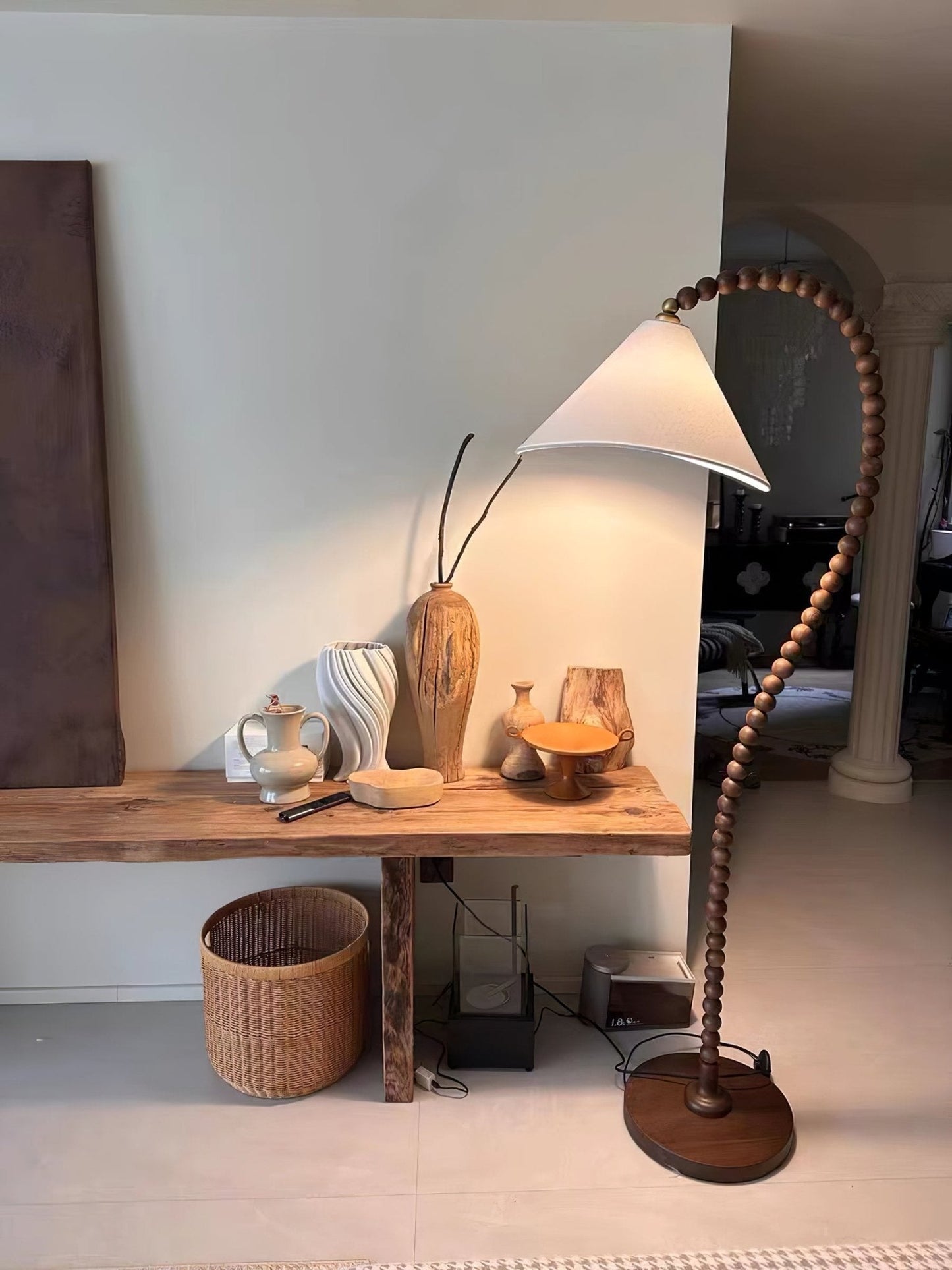 Wooden Bead Floor Lamp with LED Shade for Indoor Use