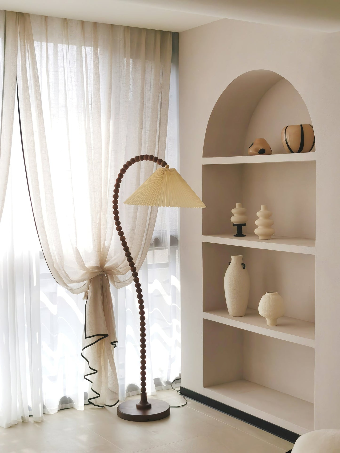 Wooden Bead Floor Lamp with LED Shade for Indoor Use