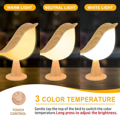 Touch-Control Wooden Bird Night Light - Rechargeable LED Lamp