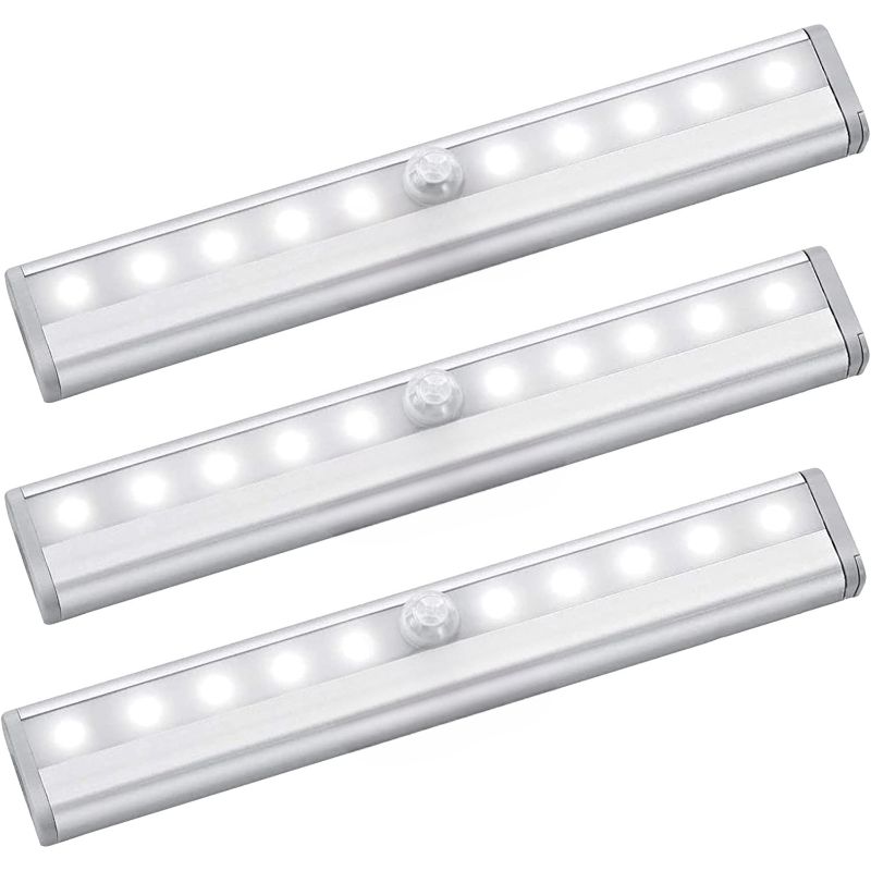 Motion Sensor LED Lights, 10 Battery-Powered LED Night Lights, Magnetic Strip for Under Cabinet, Wardrobe, Hallway, 3-Pack
